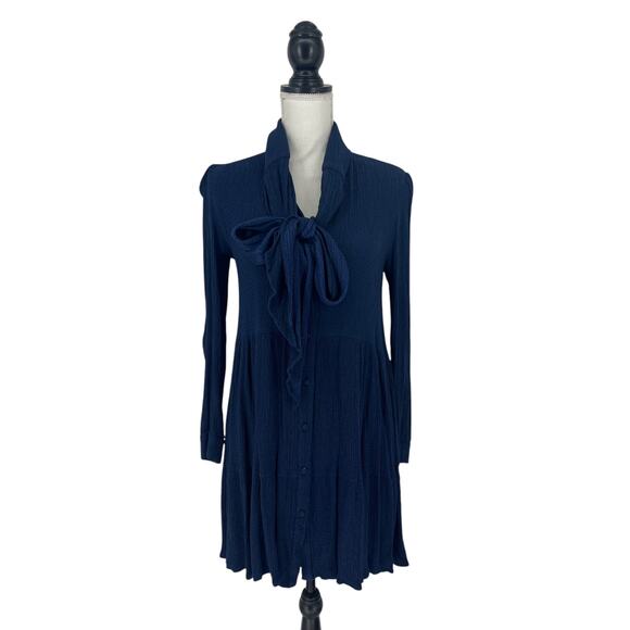 Sezane Selena Tie Neck Long Sleeve Navy Blue Tiered Dress - Picture 3 of 15